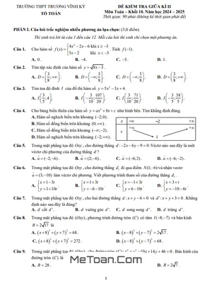 Đề Tham Khảo Giữa Kỳ 2 Toán 10 Năm 2024 - 2025 Trường THPT Trương Vĩnh Ký - Bến Tre