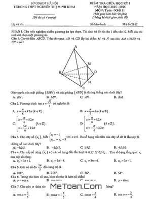 Đề Thi Giữa Học Kỳ 1 Môn Toán Lớp 11 Năm Học 2025 - 2026 THPT Nguyễn Thị Minh Khai, Hà Nội