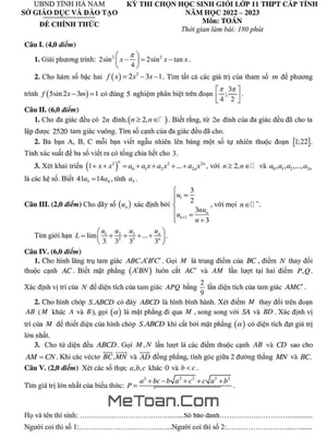 Đề thi HSG Toán 11 cấp tỉnh năm 2022 - 2023 sở GD&ĐT Hà Nam