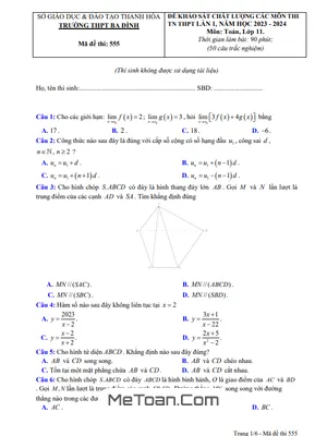 Đề KSCL Toán 11 Lần 1 Năm 2024 Trường THPT Ba Đình - Thanh Hóa