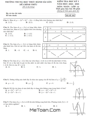 Đề thi học kỳ 1 Toán 12 năm 2022 - 2023 trường THPT Thực hành Sài Gòn - TP.HCM
