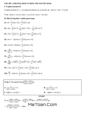 Trắc nghiệm Phương pháp vi phân tìm nguyên hàm có lời giải chi tiết