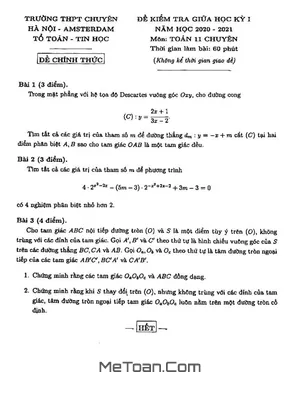 Đề thi giữa HK1 Toán 11 chuyên năm 2020 - 2021 trường chuyên Hà Nội - Amsterdam