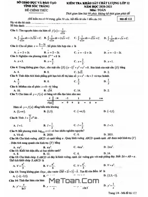 Đề khảo sát chất lượng Toán 12 năm 2020 - 2021 sở GD&ĐT Sóc Trăng