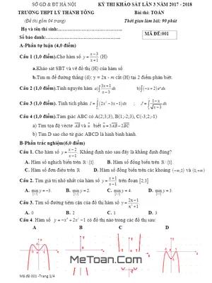 Đề khảo sát Toán 12 lần 3 năm 2017 - 2018 trường THPT Lý Thánh Tông - Hà Nội