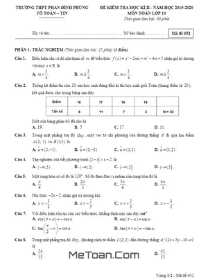 Đề thi học kì 2 Toán 10 năm 2019 – 2020 trường THPT Phan Đình Phùng – Hà Nội