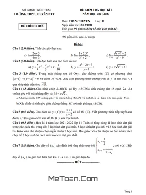 Đề HK1 Toán 11 (Chuyên) Năm 2021 - 2022 Trường Chuyên Nguyễn Tất Thành - Kon Tum