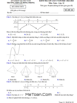Đề Thi Giữa Kì 1 Toán 12 Năm 2023 - 2024 Trường THPT Lê Hồng Phong - Quảng Nam