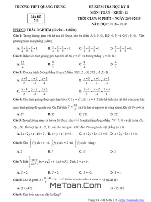 Đề thi học kì 2 Toán 12 năm 2018 - 2019 trường THPT Quang Trung - TP HCM
