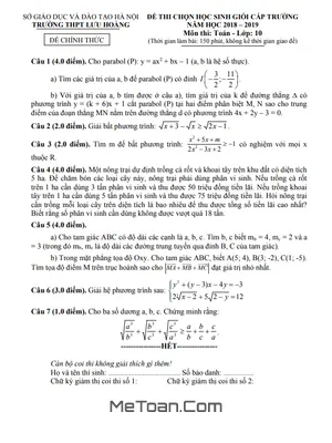 Đề thi học sinh giỏi Toán 10 cấp trường năm 2018 - 2019 trường THPT Lưu Hoàng - Hà Nội