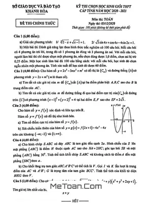 Đề thi HSG Toán THPT năm 2020-2021 Sở GD&ĐT Khánh Hòa