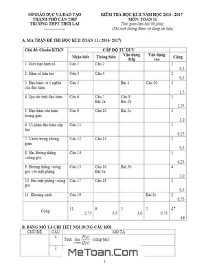 Đề thi HK2 Toán 11 năm 2016 - 2017 trường THPT Thới Lai - Cần Thơ - Có lời giải