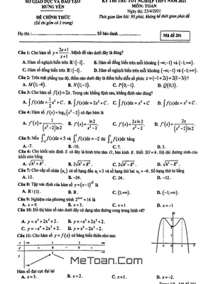 Đề thi thử tốt nghiệp THPT 2021 môn Toán sở GD&ĐT Hưng Yên (Mã đề 201)