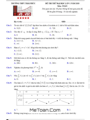 Đề Thi Thử Đại Học Lần 1 Năm 2020 Môn Toán Trường THPT Thái Phúc – Thái Bình