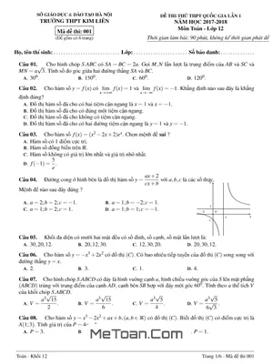 Đề thi thử Toán 2018 THPT Quốc gia lần 1 trường THPT Kim Liên – Hà Nội