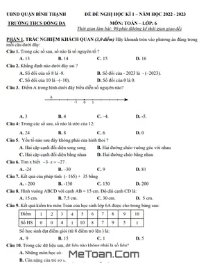 Đề Tham Khảo Cuối Kỳ 1 Toán 6 Năm 2022 - 2023 Trường THCS Đống Đa - TP HCM