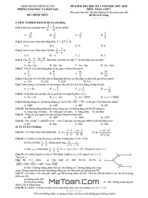 Bộ Đề thi học kỳ 1 môn Toán lớp 7 năm 2019 - 2020 phòng GD&ĐT Bình Xuyên - Vĩnh Phúc