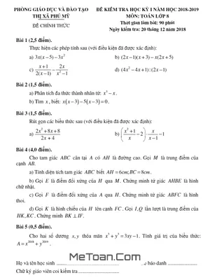 Đề thi HK1 Toán 8 năm 2018 - 2019 phòng GD&ĐT Thị Xã Phú Mỹ - Bà Rịa - Vũng Tàu