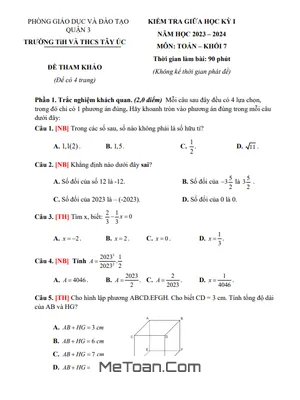 Đề Tham Khảo Giữa Kỳ 1 Toán 7 Năm 2023 - 2024 Trường TiH - THCS Tây Úc - TP HCM