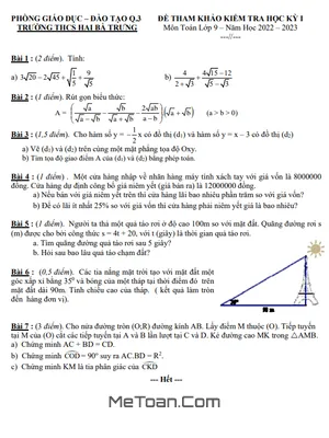 Đề tham khảo học kì 1 Toán 9 năm 2022 – 2023 trường THCS Hai Bà Trưng – TP HCM