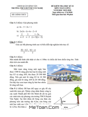 Đề thi học kì 2 Toán 8 năm 2019 - 2020 trường THCS Huỳnh Văn Nghệ - TP HCM