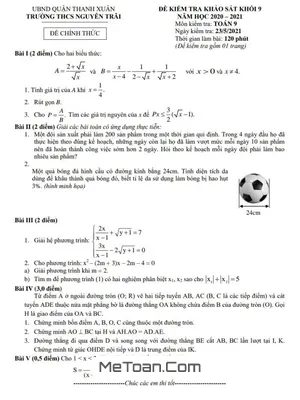 Đề khảo sát Toán 9 năm 2020 - 2021 trường THCS Nguyễn Trãi - Hà Nội