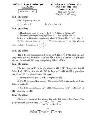 Đề thi học kì 2 Toán 9 năm 2022 - 2023 phòng GD&ĐT Cẩm Giàng - Hải Dương