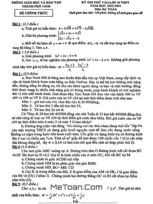 Đề thi thử Toán vào lớp 10 năm 2023 – 2024 phòng GD&ĐT thành phố Vinh – Nghệ An
