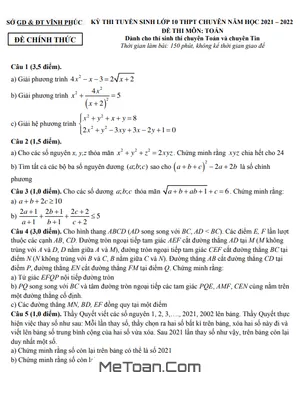 Đề thi Tuyển Sinh Lớp 10 Chuyên Toán (Chuyên) Năm 2021 - 2022 Sở GD&ĐT Vĩnh Phúc