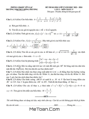 Đề khảo sát HSG Toán 9 lần 3 năm 2023 - 2024 trường Hồng Phương - Vĩnh Phúc