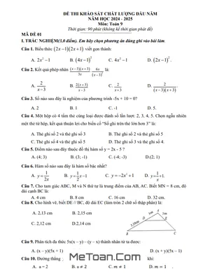 Đề khảo sát Toán 9 đầu năm 2024 - 2025 trường THCS Phan Huy Chú - Hà Tĩnh