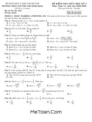 Đề giữa kỳ 1 Toán 11 năm 2024 - 2025 trường THPT Nguyễn Thị Minh Khai - Hà Nội