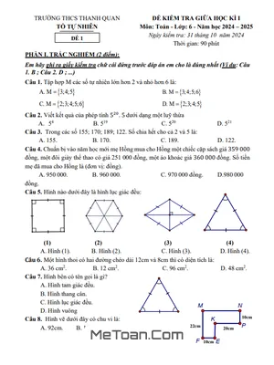 Đề thi giữa học kì 1 Toán lớp 6 năm 2024 - 2025 trường THCS Thanh Quan - Hà Nội
