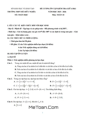 Đề Cương Ôn Tập Giữa Kì 1 Toán 10 Năm 2025 - 2026 THPT Bùi Hữu Nghĩa, Cần Thơ