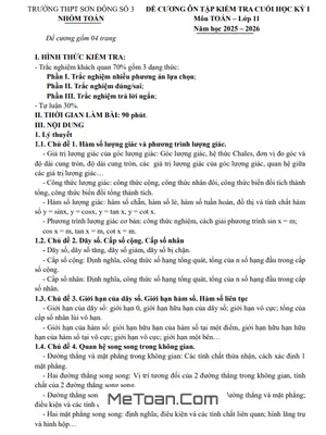 Đề Cương Ôn Tập Cuối Học Kỳ 1 Toán 11 Năm Học 2025 – 2026 Trường THPT Sơn Động Số 3, Bắc Ninh