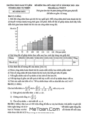 Đề giữa học kỳ 2 Toán 9 năm 2025 – 2026 trường THCS Nam Từ Liêm – Hà Nội