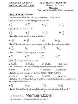 Đề Thi Giữa Kỳ 2 Toán Lớp 6 Năm 2025-2026 Trường THCS Quế Thuận, Đà Nẵng Kèm Đáp Án Chi Tiết