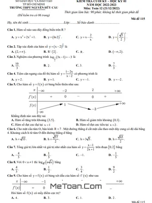 Đề thi học kỳ 1 Toán 12 năm 2022 - 2023 trường THPT Nguyễn Hữu Cầu - TP HCM (có đáp án)