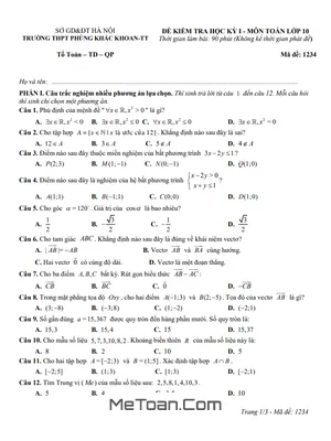 Đề thi cuối kỳ 1 Toán 10 năm học 2025 – 2026 trường THPT Phùng Khắc Khoan – Hà Nội