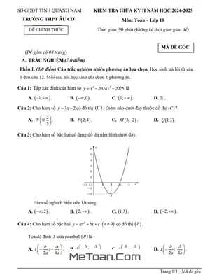 Đề thi giữa kỳ 2 Toán 10 năm 2024 – 2025 trường THPT Âu Cơ – Quảng Nam có đáp án chi tiết