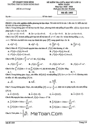 Đề giữa kì 2 Toán 12 năm 2025 – 2026 trường THPT B Trần Hưng Đạo – Ninh Bình
