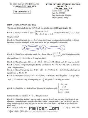 Đề Thi Olympic Toán 10 Năm 2025-2026 Cụm THPT Số 10 Hà Nội Kèm Đáp Án