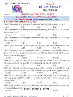 Trắc nghiệm Hoán Vị, Chỉnh Hợp, Tổ Hợp có Lời Giải - Nguyễn Văn Đức