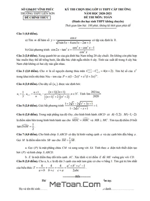 Đề thi HSG Toán 11 cấp trường năm 2020 - 2021 trường Liễn Sơn - Vĩnh Phúc