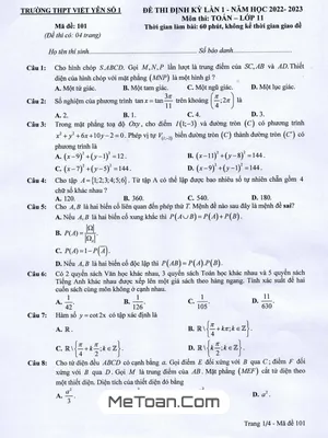 Đề thi định kỳ lần 1 Toán 11 năm 2022 – 2023 trường THPT Việt Yên 1 – Bắc Giang