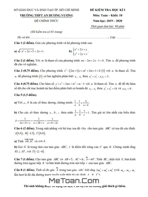 Đề thi HK1 Toán 10 năm 2019 - 2020 trường THPT An Dương Vương - TP HCM