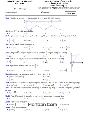 Đề thi Toán 12 cuối kỳ 1 năm 2022-2023 sở GD&ĐT Bắc Ninh (có đáp án)