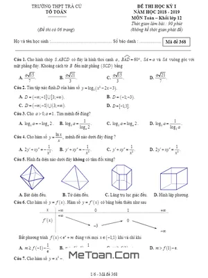 Đề thi học kỳ 1 Toán 12 năm 2018 - 2019 trường THPT Trà Cú - Trà Vinh