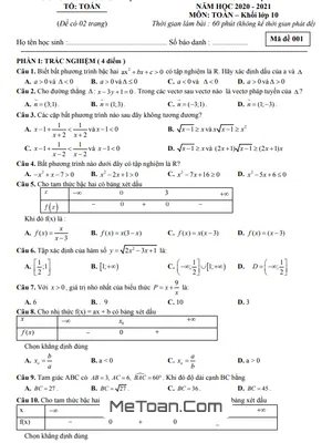 Đề thi giữa học kỳ 2 Toán 10 năm 2020 - 2021 trường THPT Ngô Gia Tự - Đắk Lắk