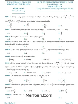 Đề đánh giá chất lượng Toán 12 lần 1 năm 2020 - 2021 trường chuyên KHTN - Hà Nội